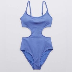 Aerie Ribbed Shine Side Scoop One Piece Swimsuit Baja Blue Size Large